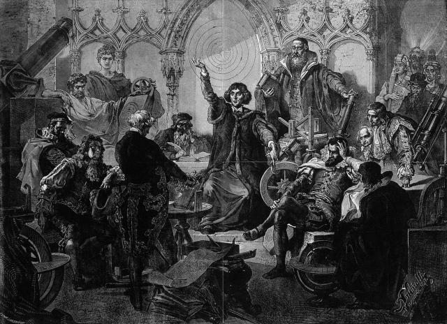 "Nicolas Copernicus among other astronomers of the world. Photomechanical reproduction of a wood engraving by J. Styfi after J. Holewinski."

Wellcome Trust, CC BY 4.0, via Wikimedia Commons.