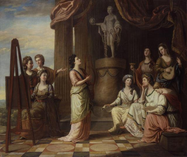 "Portraits in the Characters of the Nine Muses in the Temple of Apollo" by Richard Samuel (1778).

Left to right, standing: Elizabeth Carter, Anna Barbauld, Elizabeth Sheridan (née Linley), Hannah More and Charlotte Lennox.

Left to right, seated: Angelica Kauffman, Catharine Macaulay, Elizabeth Montagu and Elizabeth Griffith.

Richard Samuel, Public domain, via Wikimedia Commons.