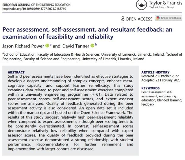 Abstract for a research paper examining peer and self assessment with engineering students. The URL above will bring you to a webpage with an audio version of the paper.