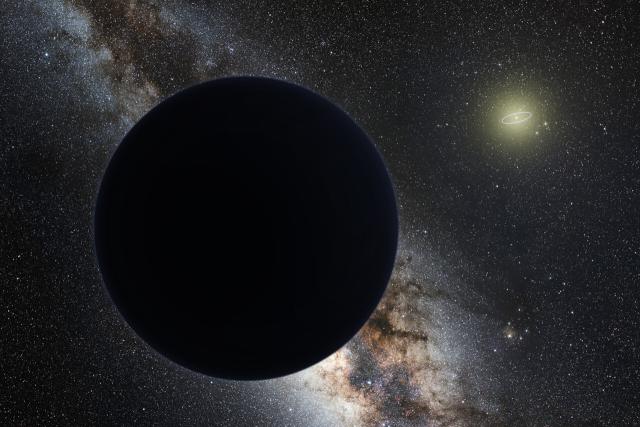 "Artist's impression of Planet Nine as an ice giant eclipsing the central Milky Way, with a star-like Sun in the distance. Neptune's orbit is shown as a small ellipse around the Sun. The sky view and appearance are based on the conjectures of its co-proposer, Mike Brown."

nagualdesign; Tom Ruen, background taken from File:ESO - Milky Way.jpg, CC BY-SA 4.0, via Wikimedia Commons.