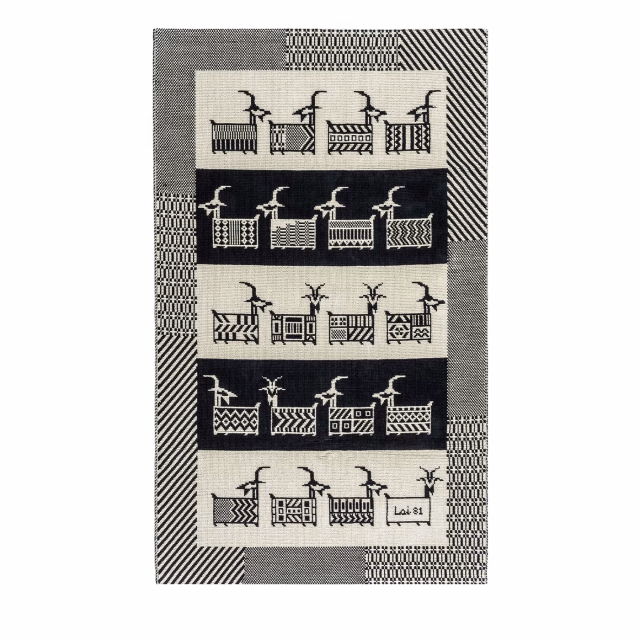 a carpet made with 16 little "pixelated" goats in black and white, each with different pattern in its body and the head looking in different direction, disposed in 4 lines, two lines with a white background and two with a black background