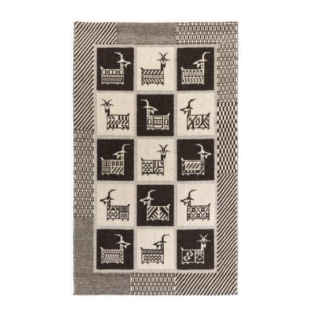 a carpet made with 15 little "pixelated" goats in black and white, each with different pattern in its body and the head looking in different direction, disposed in 3x5 tiles, each tile alternating black and white background