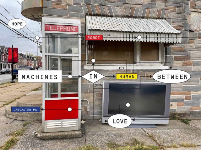 Machines in Between image with an old telephone booth