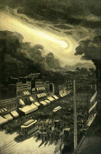 "An illustration from Jules Verne's novel 'The Chase of the Golden Meteor' (also published as 'The Hunt for the Meteor,' 1901) drawn by George Roux."

George Roux, Public domain, via Wikimedia Commons. Edits.