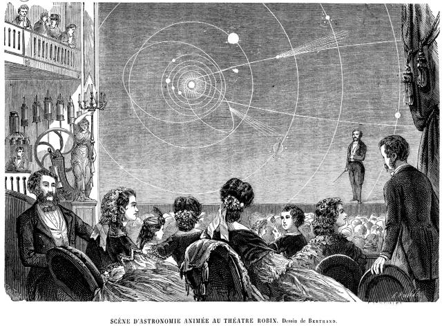 "Animated Astronomy Scene at Robin Theater" by Bertrand and E. Roevens (1800s). (Seems similar to the exhibition of the Eiduranion at London on October 11, 1817.)

Carnavalet Museum, History of Paris No. G.34585, CC0 via parismuseescollections.paris.fr