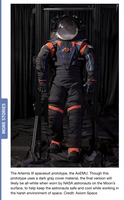 Screenshot of Nasa website, showing The Artemis III spacesuit prototype, the AxEMU. Though this prototype uses a dark gray cover material, the final version will likely be all-white when worn by NASA astronauts on the Moon's surface, to help keep the astronauts safe and cool while working in the harsh environment of space. Credit: Axiom Space