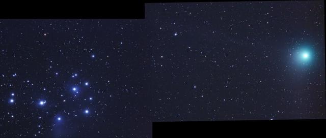 Mosaic photo of Comet C/2004 Q2 (Machholz) next to the Pleiades on January 8, 2005.

Rochus Hess, Attribution, via Wikimedia Commons.