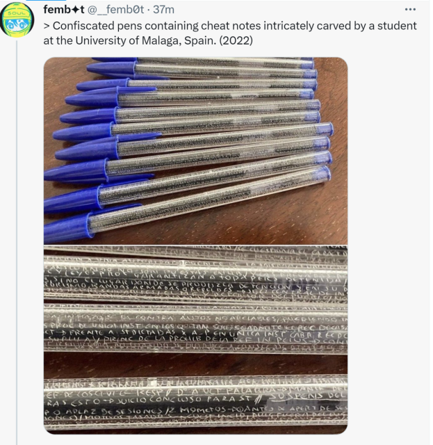 Tweet image: Several transparent ball pens carved with exam notes.