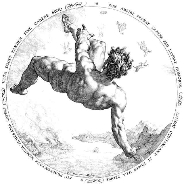 "Phaeton" by Hendrik Goltzius, after Cornelis Cornelisz van Haarlem (1588).

National Gallery of Art, Public Domain via https://www.nga.gov/collection/art-object-page.152774.html