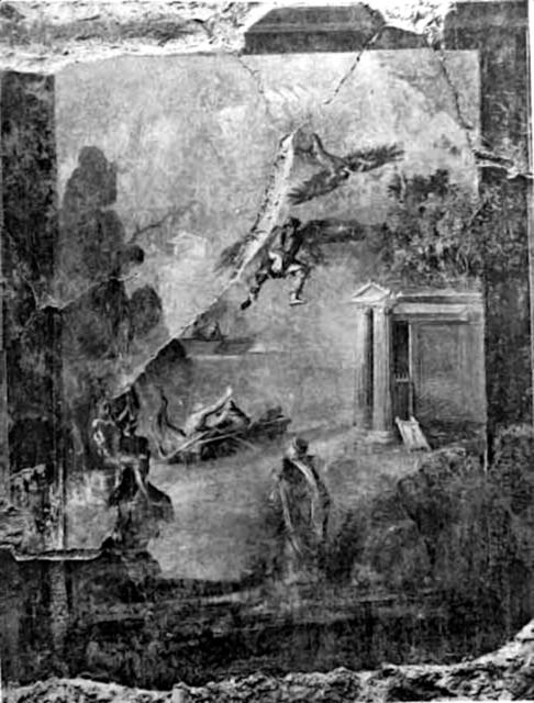 "Old undated photograph of Daedalus and Icarus from west wall, shortly after excavation; Pompeii."

Ancient Roman frescos of Pompeii, Public domain, via Wikimedia Commons. Color edits.