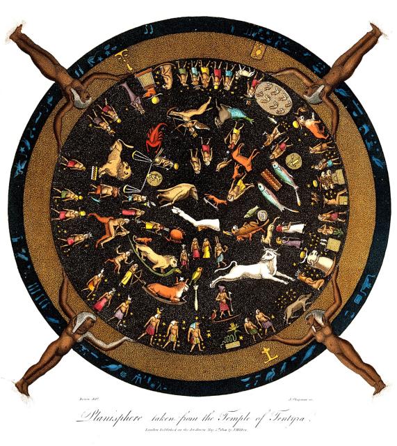 Egyptian Zodiac; Planisphere taken from the temple of Tentyra by John Chapman after Vivant Denon.

Wellcome Collection, Public Domain via https://wellcomecollection.org/works/xzbx3wfy

Color edits.