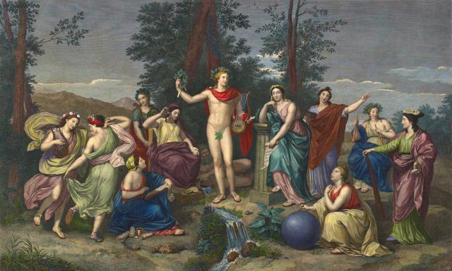 "The Sisters of Aoniae play on the Hill of Parnassus: Apollo stands in the Middle with the Laurel and Apollo's Cithare," by Rafaello Morghen (1784), after Anton Raphael Mengs of 1760.

Biblioteca de Catalunya, Public Domain via https://mdc.csuc.cat/digital/collection/materialsBC/id/510