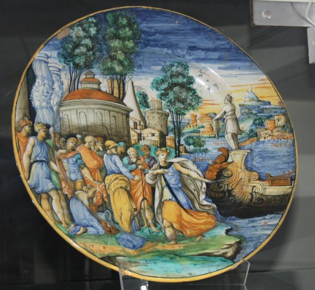 Majolica parade plate depicting Claudia Quinta rescuing the stranding ship carrying the Image of Cybele.

General Catalog of Cultural Heritage, CC-BY 4.0 via https://catalogo.beniculturali.it/detail/HistoricOrArtisticProperty/0900259967