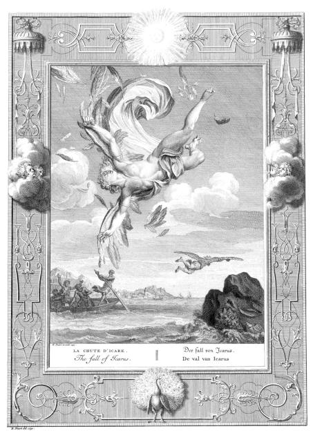 "The Fall of Icarus" by Bernard Picart (1731).

Rijksmuseum, CC0, via Wikimedia Commons. Color edits.
