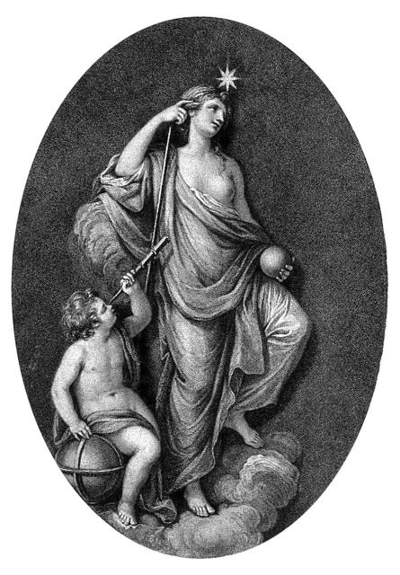 "Urania," stipple engraving by Pietro Bettelini after Giovanni Battista Cipriani (1786).

Wellcome Collection, Public Domain via https://wellcomecollection.org/works/t678jmsk

Color and cropping edits.