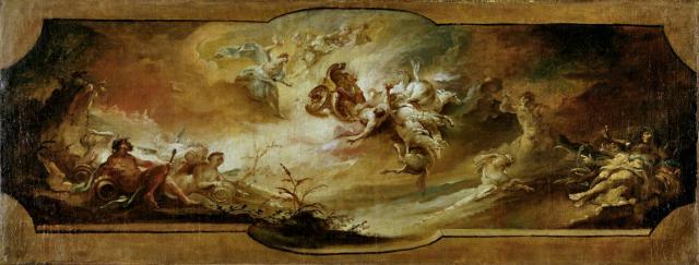 Ceiling painting, "The Fall of Phaethon," by Johann Michael Franz (~1768).

Johann Michael Franz, Public domain, via Wikimedia Commons. Cropping and color edits.