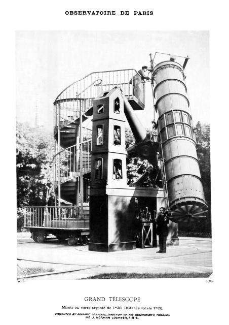 "Photograph of a reflecting telescope with silvered glass mirror of 1.20 metres at the Paris Observatory."

Science Museum Group, CC BY-SA 4.0 via Photograph of a reflecting telescope. 1884-23 Science Museum Group Collection Online. https://collection.sciencemuseumgroup.org.uk/objects/co56307/photograph-of-a-reflecting-telescope-photograph-telescope-reflecting

Color edits.