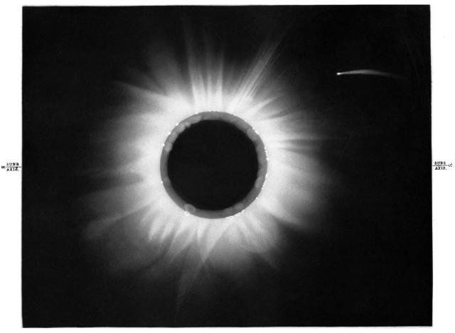 Solar eclipse of May 17, 1882 revealing Comet Tewfik. From "On the Total Solar Eclipse of May 17, 1882" by Arthur Schuster and Captain W. de W. Abney.

https://archive.org/details/philtrans02949481