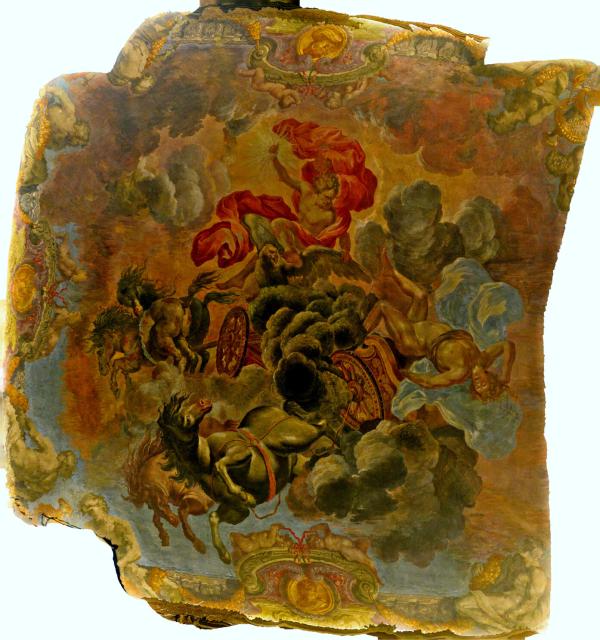 "The Fall of Phaéton struck by Jupiter on the Chariot of the Sun," at the Palais Lascaris, attributed to Carlone (perhaps Giovanni Andrea Carlone) (late 1600s).

Didier Chérel, CC BY-SA 4.0, via Wikimedia Commons. Color edits.