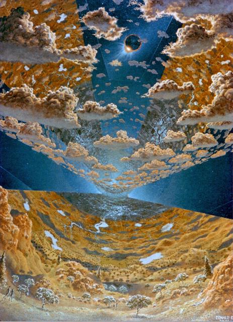 "Island Three Eclipse: Cylindrical colonies, eclipse of the sun with view of clouds and vegetation," by Donald Davis (August 26, 1975).

Donald Davis, Public domain, via Wikimedia Commons.