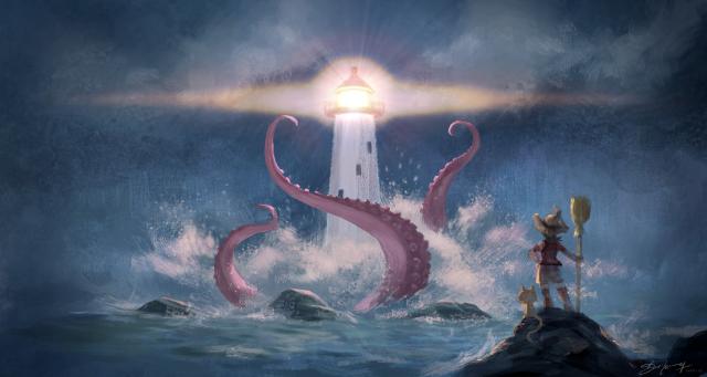 A digital painting illustration with advanced shading and dense brush work. A lighthouse is in the center of the piece, under the attack of a kraken and waves of the ocean. On a rock in foreground, the silhouette of Pepper and Carrot, watching the scene. 

The scene is inspired by elements of the music album "Lightwork" by Devin Townsend (more symbolic and flat on the cover album, and not shaded).

License: Creative Commons Attribution 4.0 International.