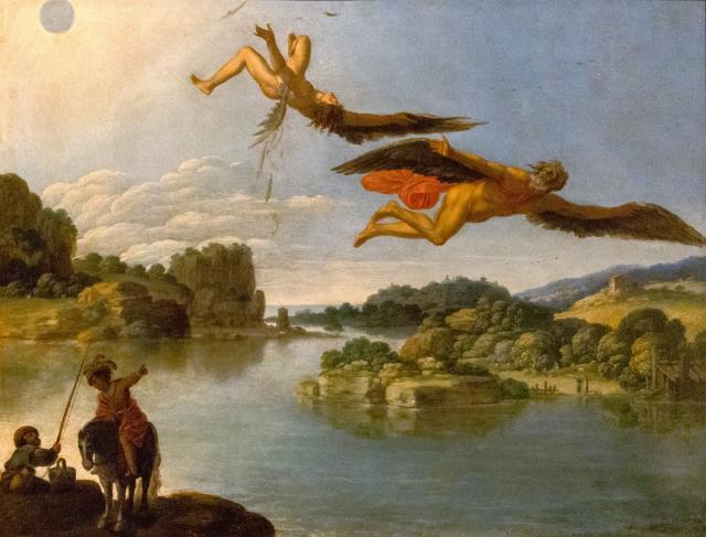 "Landscape with the fall of Icarus" by Carlo Saraceni (~1605-1608).

Egisto Sani, CC BY-NC-SA 2.0 via Flickr: https://flic.kr/p/RPRpJQ

https://artsandculture.google.com/story/-gVhFTYiVkj2Ig