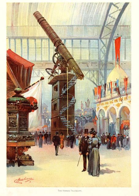 "The Yerkes Telescope. Color plate by Charles S. Graham from The World's Fair in Water Colors. Size of original document approximately 8.8 x 11 inches. 1893."

The Field Museum Library, No restrictions, via Wikimedia Commons or Flickr: https://flic.kr/p/6bRABx