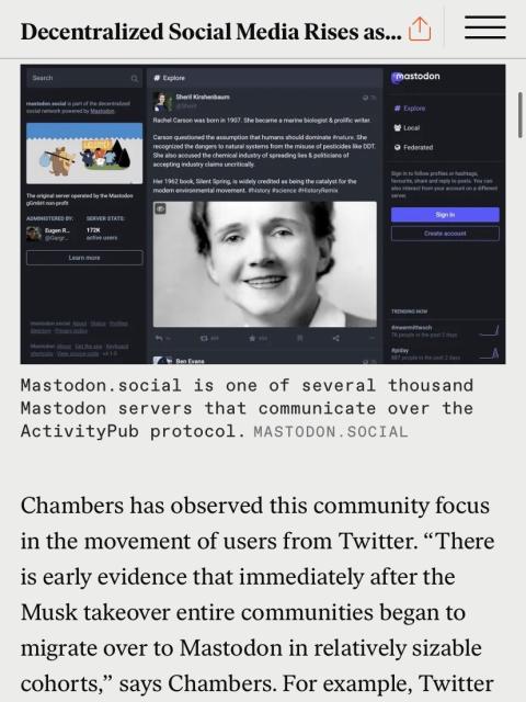 Screenshot of Mastodon featuring a post on the incredible Rachel Carson.