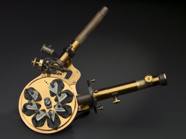 "Astronomical spectroscope from Norman Lockyer Observatory, brass, with train of seven prisms. Thought to be the one made by John Browning, London for Norman Lockyer who first used it to view Solar Prominences [chromosphere] outside a solar eclipse."

Science Museum Group, CC BY-NC-SA 4.0 via Norman Lockyer’s seven-prism spectroscope. 1987-1162/1 Science Museum Group Collection Online. https://collection.sciencemuseumgroup.org.uk/objects/co8645495/norman-lockyers-seven-prism-spectroscope-spectroscope-astronomica-solar-eclipse