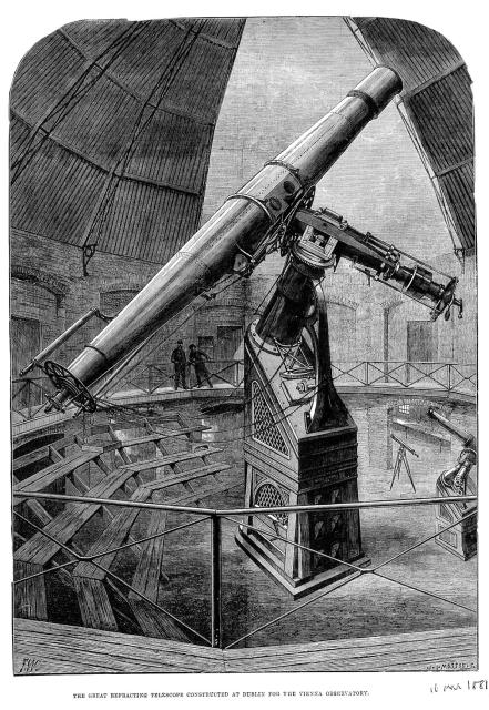 "The great refracting Telescope constructed at Dublin for the Vienna Observatory," by W. I. Mosses (1881).

Wellcome Collection, Public Domain via https://wellcomecollection.org/works/dbjnqb9z

Color edits.