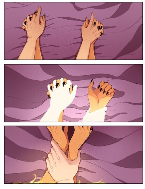 Panel 1: Catra's and Adora's holding hands, Adora is on top
Panel 2: Adora's hands lighting
Panel 3: Adora (in She-Ra mode) dominating Catra with just one hand