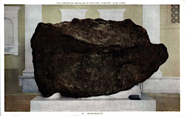 The Ahnighito fragment of the Cape York Meteorites at the American Museum of Natural History (~1910s).

Newberry, Public Domain via Wikimedia. Color edits.