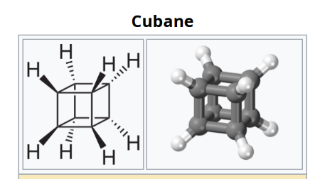 a wikipedia infobox for the molecule "cubane", which is a hydrocarbon with the carbons arranged in a cube and a hydrogen at every corner