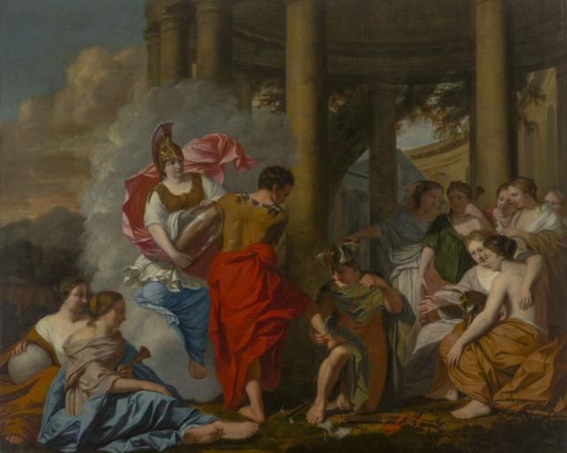 "Minerva and Mercury Arming Perseus to Fight Medusa," by Gérard de Lairesse (~1666), oil on canvas, at the Leipzig Museum für Bildenden Künste, inv. G 1631.

https://sammlung.mdbk.de/detail/collection/73a691e9-bbc8-4c30-8424-ae454533512d