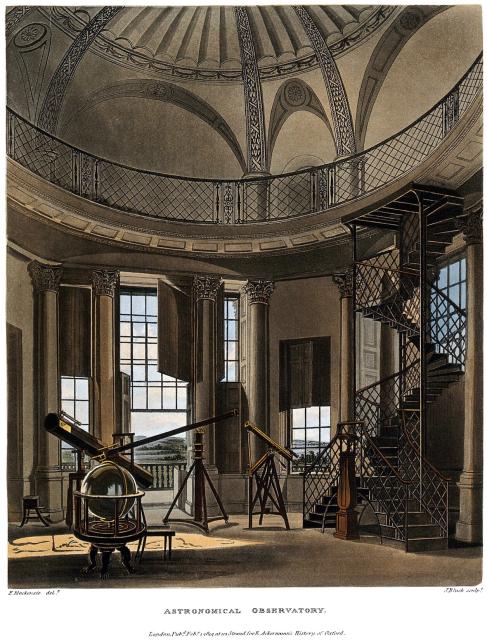 Astronomical Observatory, interior of the Radcliffe Observatory, Oxford. Coloured aquatint by John Bluck, 1813, after Frederick Mackenzie.

Wellcome Collection, Public Domain via https://wellcomecollection.org/works/r93s9g9q

Color and cropping edits.