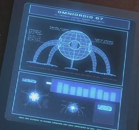 Screen from Athena incredible movie showing a diagram of a giant ball robot called Omnidroid 07.