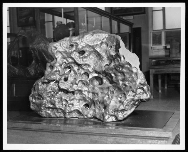 The Goose Lake Iron Meteorite was found on October 13, 1938 near Goose Lake, USA.

SI National Museum of Natural History, CC0 via https://www.si.edu/object/geology-exhibits-natural-history-building-goose-lake-meteorite:siris_arc_402184

Color edits.