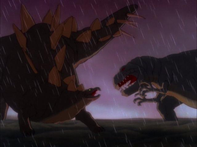 Stegosaurus fighting Tyrannosaurus rex (or possibly Allosaurus it has given three claws) as depicted in Disney’s Fantasia.