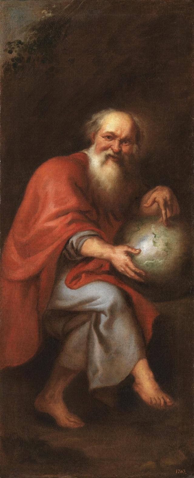 "Democritus" by Juan Bautista Martínez del Mazo, after Peter Paul Rubens.

Juan Bautista Martínez del Mazo, Public domain, via Wikimedia Commons.