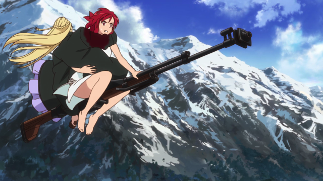 Izetta, a red haired gjrl, riding a flying anti tank rifle while bridal carrying a princess wrapped in a military coat. Frame from episode 1 of Izetta The Last Witch.