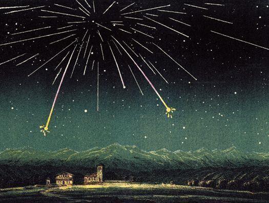 Shower of Andromedids on November 27, 1872 seen over France.

Amédée Guillemin, Public domain, via Wikimedia Commons.