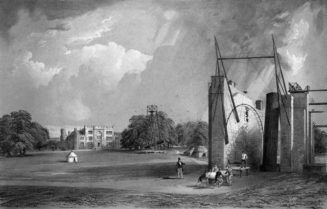 The Great Telescope, (of 52 feet focus, 6 feet clear opening of speculum) erected at Birr Castle in Ireland, by the Earl of Rosse, president of the Royal Society; Lord Rosse directing the conveyance of the Great Speculum to its position at the Base of the Tube, North Side; by William Bevan after Miss Henrietta M. Crompton, with figures by Herbert C. Herries.

Wellcome Collection, Public Domain via https://wellcomecollection.org/works/m4urzmzv

Color and cropping edits.