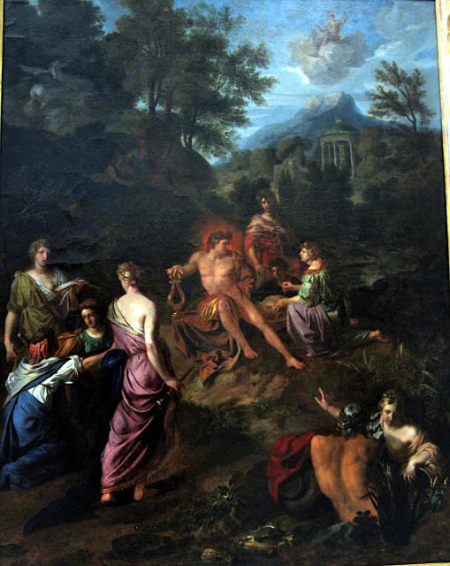 "Minerva visits the Muses (Parnassus)," attributed to Gérard Lairesse (~1700).

Tilemahos Efthimiadis, CC BY 2.0 via Flickr: https://flic.kr/p/631WsJ

Color edits.