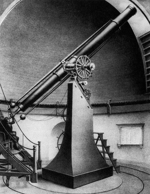 Sketch of the 15-inch Great Refractor telescope at Harvard College Observatory.

A. Sonrel, Public domain, via Wikimedia Commons.