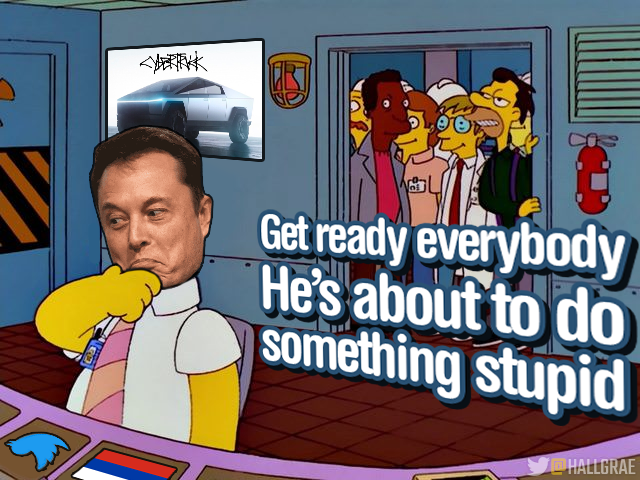 elon musk as Homer Simpson in the 'get ready he's about to do something stupid' meme