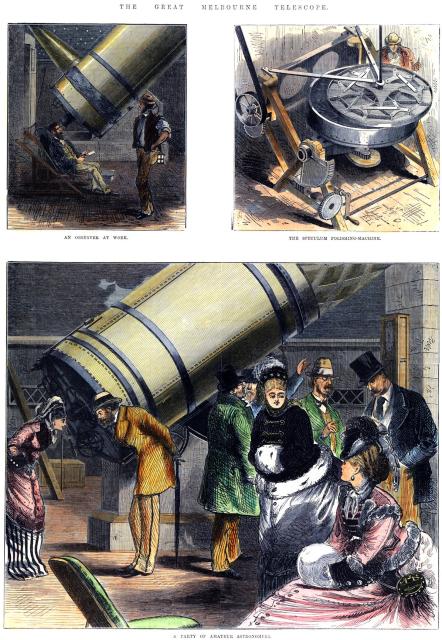 The Great Melbourne Telescope, Melbourne Observatory, South Yarra, Victoria, 1874. Unknown artist

Museums Victoria, Public Domain (Licensed as Public Domain Mark). Color edits.

https://collections.museumsvictoria.com.au/items/272323