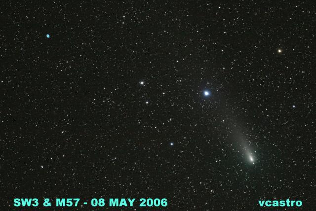 "Comet Schwassmann-Wachmann 3 (73P), component C, and Ring Nebula M57, as seen May 8, 2006 from Mt Laguna, Calif."

Robogun at English Wikipedia, FAL, via Wikimedia Commons.