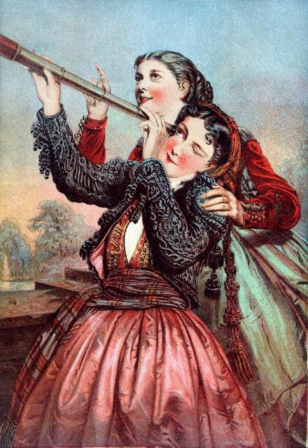 "Girls looking in a Telescope" by Unknown (1882).

Public domain, via Wikimedia Commons.