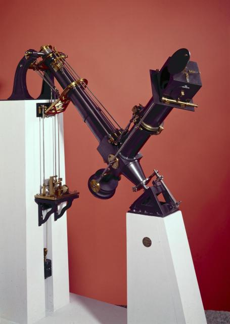 "Made for the Science Museum in 1892, this is a model, scale 1:5, of the Coude (elbow) Telescope built for the Paris Observatory in 1882."

Science Museum Group, CC BY-NC-SA 4.0 via Scale model of Loewy's Coude (elbow) Telescope, 1892. 1892-5 Science Museum Group Collection Online. https://collection.sciencemuseumgroup.org.uk/objects/co56343/scale-model-of-loewys-coude-elbow-telescope-1892-models-representations-refracting-telescopes