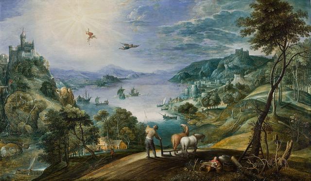 "Landscape with a Farmer plowing and the Fall of Icarus," by Marten Ryckaert (~1620-1630).

Marten Ryckaert, Public domain, via Wikimedia Commons.